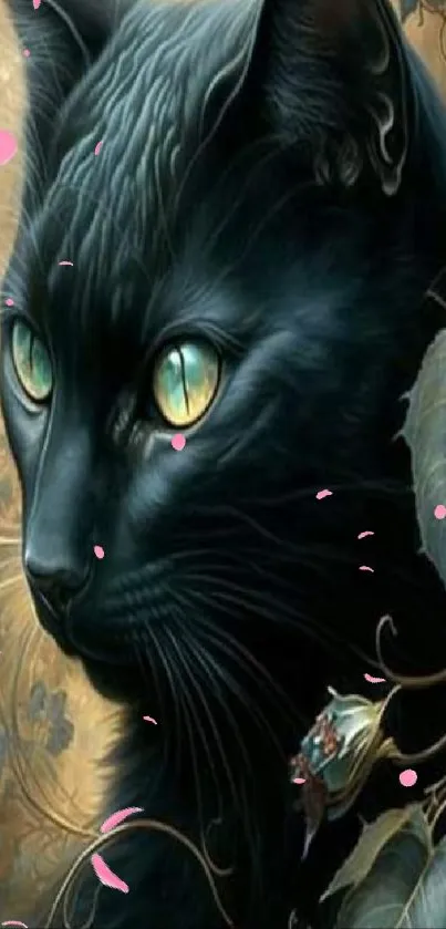 Mystical black cat art with intricate floral background.