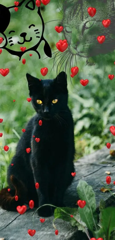 Black cat sitting on a log in lush green nature.