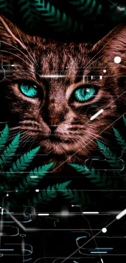 A cat with teal eyes hidden amongst ferns, creating a mysterious and captivating look.