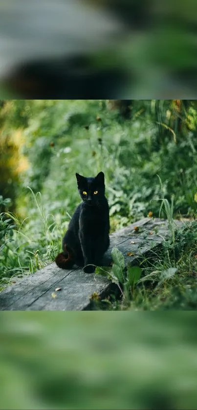 Black cat sitting on a forest path, surrounded by greenery.