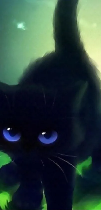 Mystical black cat glowing in blue and green hues.