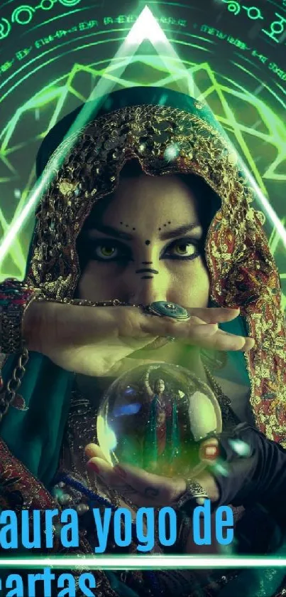 Mystical woman holding crystal ball with green neon symbols in background.