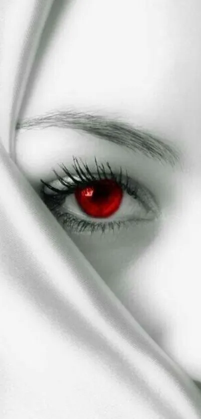 Mysterious eye with a red accent on a silky gray background.