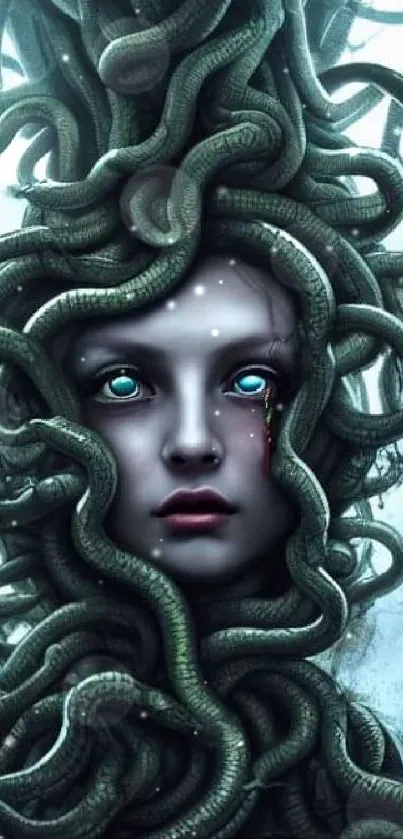 Fantasy Medusa art wallpaper with snakes and blue-eyed figure.