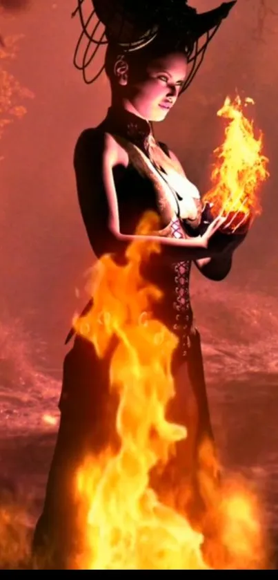 Dark goddess holding fire in mystical setting wallpaper.