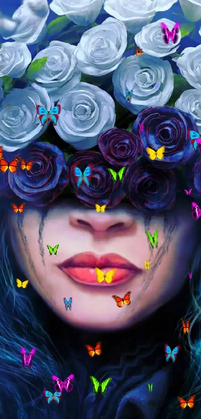 Digital art of a face hidden beneath vibrant roses, set in blue tones.