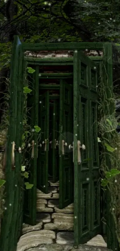 Mysterious dark forest doorway surrounded by lush greenery.