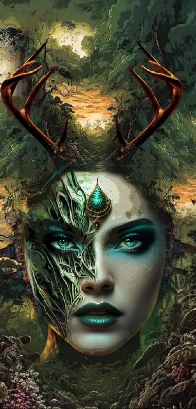 Fantasy face in mystical forest art wallpaper with antlers and vibrant details.