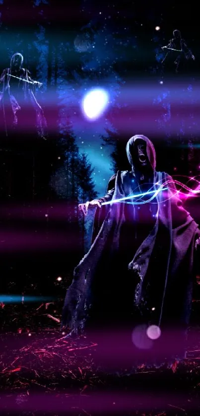 Mystical specter in a moonlit night forest with vibrant spectral lights.