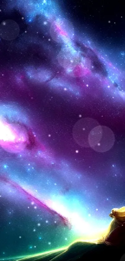 Meditative figure beneath a vibrant galaxy sky wallpaper.