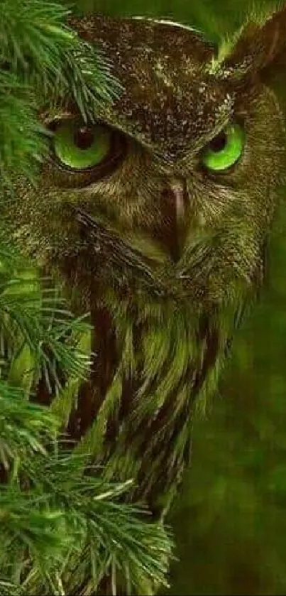 Green-eyed owl camouflaged in lush foliage.