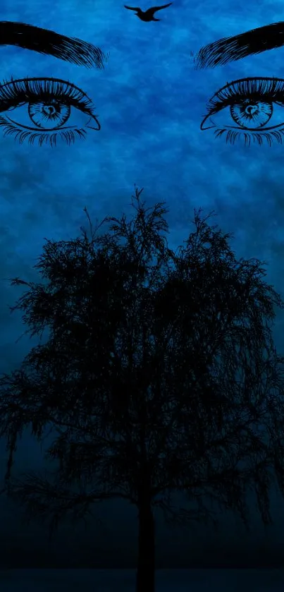 Dark blue wallpaper with mysterious eyes and silhouetted tree.