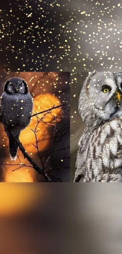 Owls perched with golden sparkles against a twilight forest background.