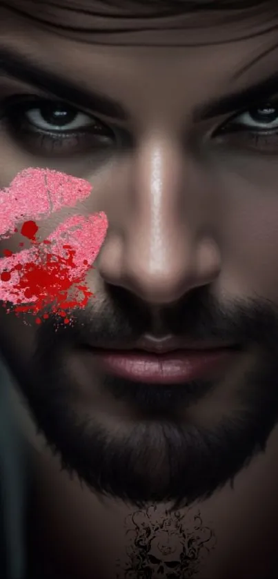 Mysterious male portrait with lip art on mobile wallpaper.