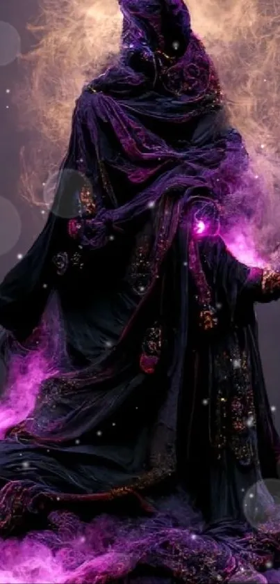 Mystical cloaked figure with purple smoke and magical aura.