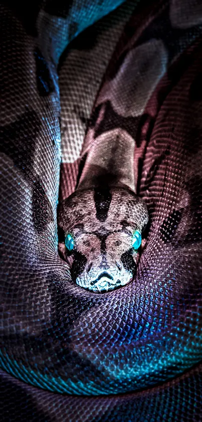 Teal-eyed snake curled up in vibrant mobile wallpaper.