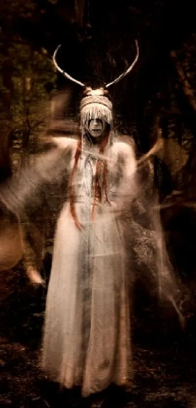 Ghostly figure in dark forest setting.