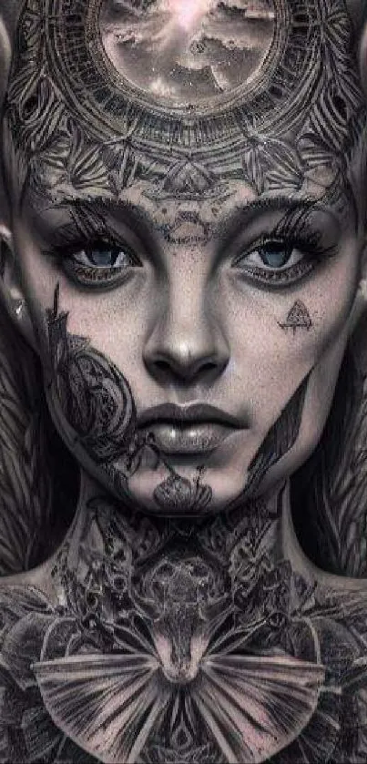 Tattoo art wallpaper with a celestial theme on a woman's face.