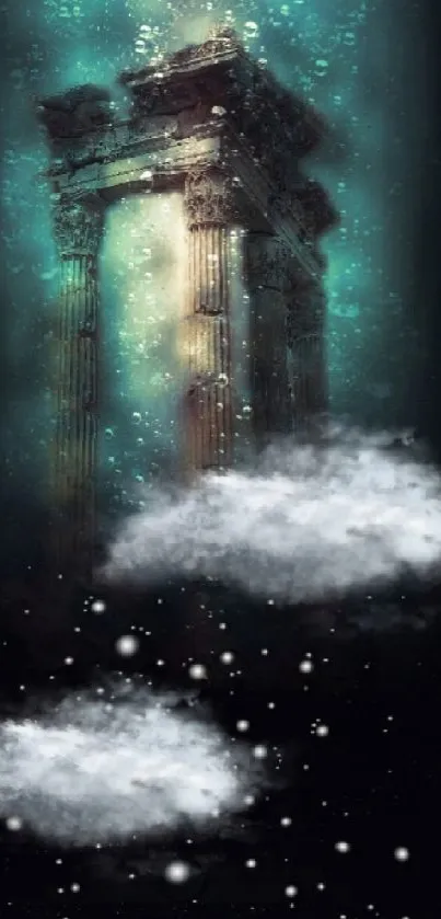 Underwater ruins with ethereal clouds and aqua glow, ideal for mobile wallpaper.