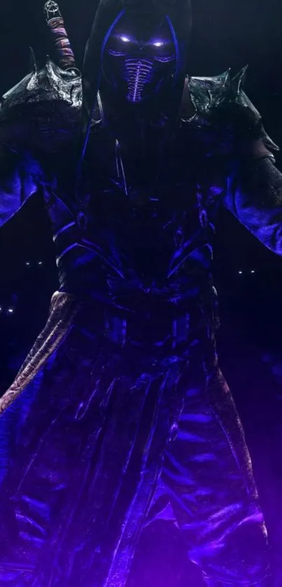 Hooded warrior mobile wallpaper with a purple glow.