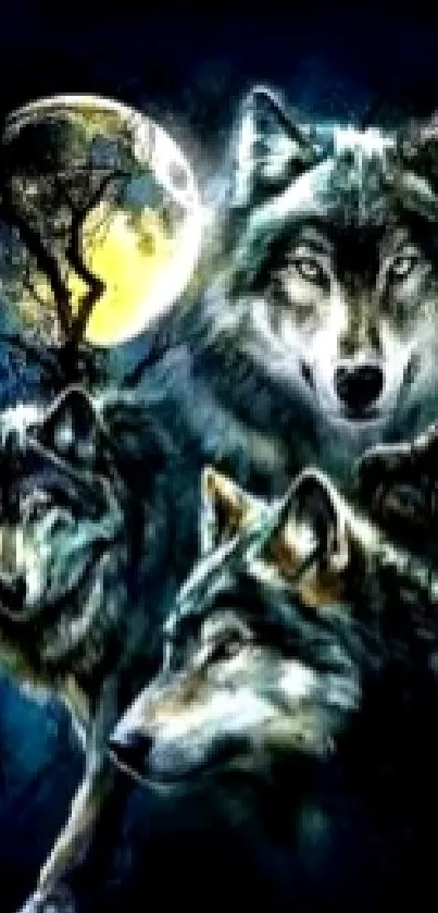 Wolf pack under moonlit sky mobile wallpaper with dark blue and yellow hues.