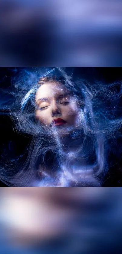 Woman's face in swirling ethereal blue lights, creating a mystical aura.