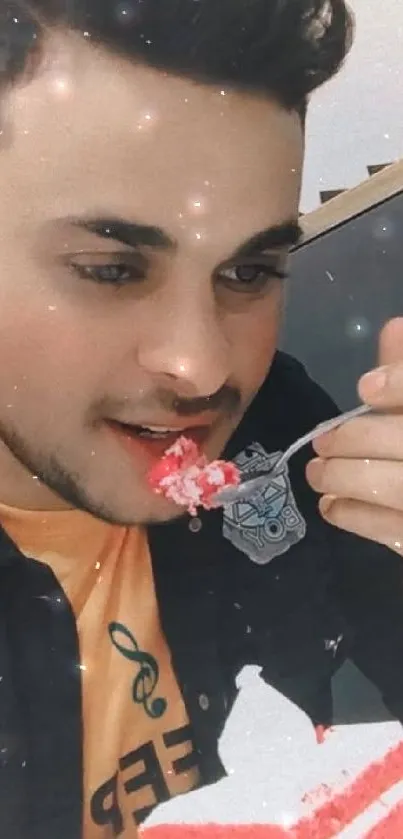 Person enjoying a slice of red layered cake.