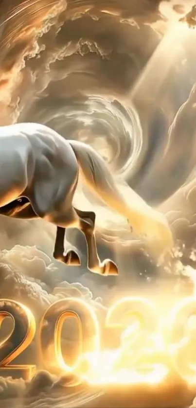 Ethereal horse with glowing 2023 in fantasy setting.