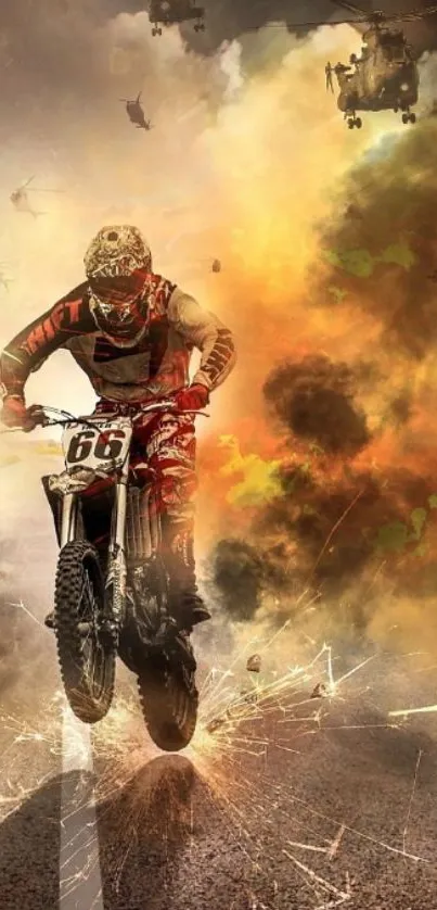 Motocross rider with helicopters in an explosive orange backdrop.