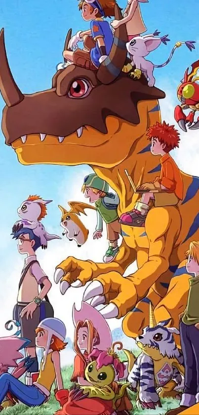 Colorful anime characters on a dinosaur under a clear blue sky.