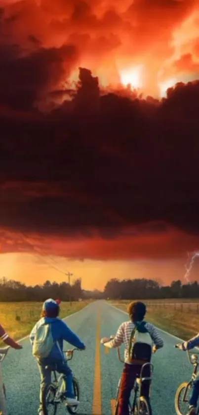 Kids biking into a crimson sunset sky.