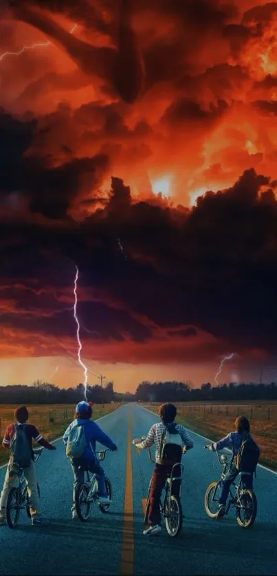 Four kids biking under a dramatic red sky with lightning.