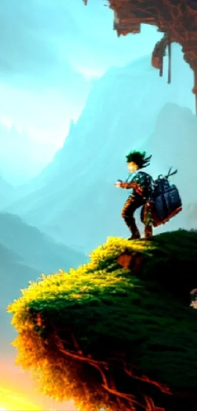 Fantasy hero on glowing rocky ledge amidst epic landscape.