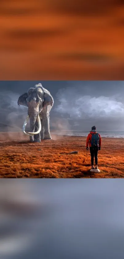 Epic adventure with a mammoth and explorer on orange landscape wallpaper.