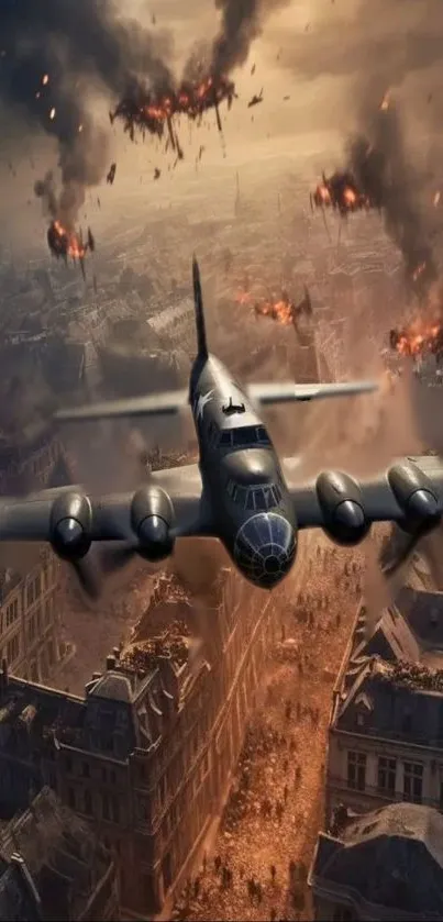 Fighter plane soaring over the city with flames and smoke, dramatic wartime scene.