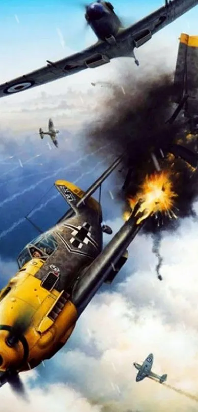 A dramatic World War II aerial dogfight scene with exploding planes in the sky.