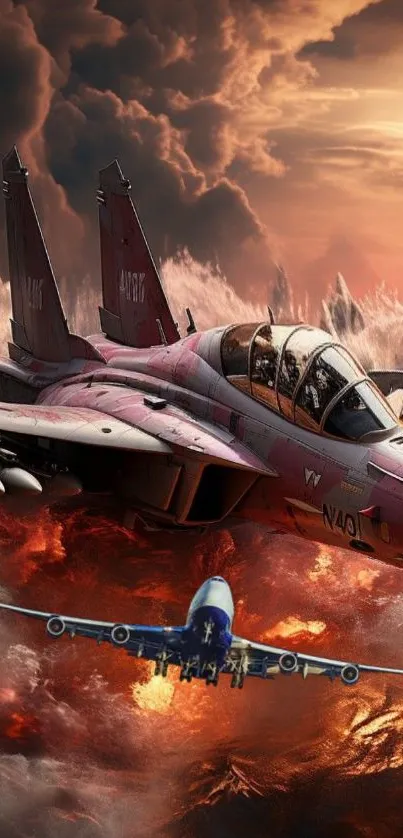 Fighter jets soaring in a dramatic sky during an intense aerial battle.