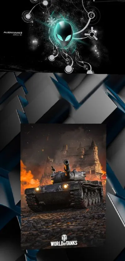 Alien tech and tank scene mobile wallpaper with a dark, dramatic theme.