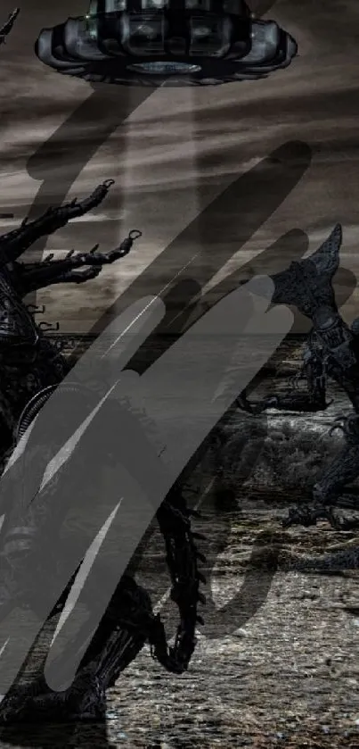 Epic alien battle with dark skies and dramatic landscape.