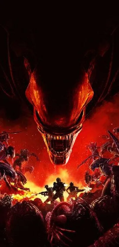 Intense alien battle scene wallpaper with fiery backdrop.