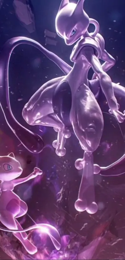 Epic artwork of Mewtwo and Mew in battle.