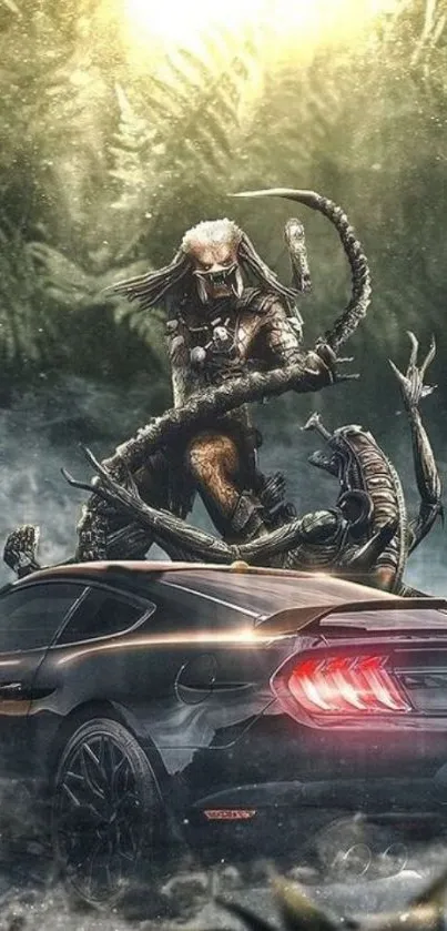 Alien and sports car in jungle setting wallpaper.