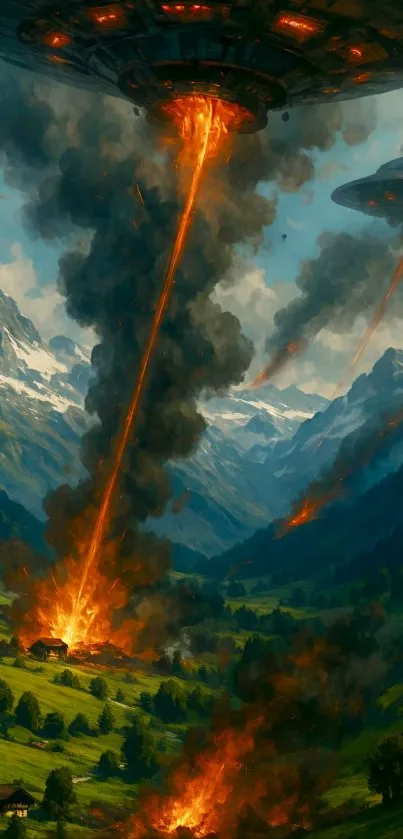 UFOs attack scenic valley with fiery beams.