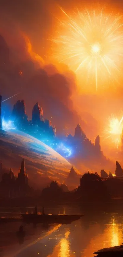 Epic alien landscape with celestial lights and mountains.