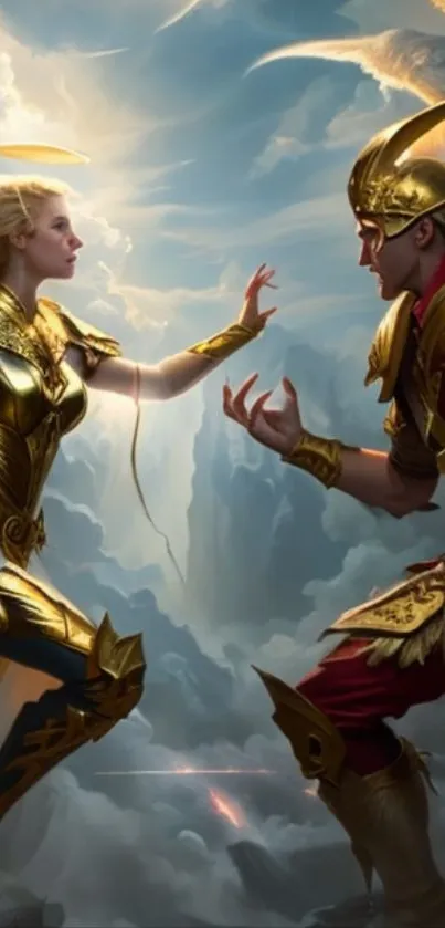 Epic angel and warrior clash in fantasy wallpaper with golden armor.