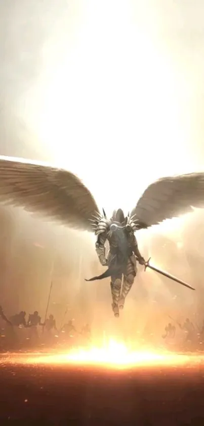 Angel warrior in radiant battlefield with glowing light and wings.