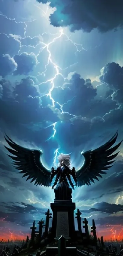 Epic dark angel in stormy sky with lightning.