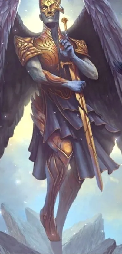 Epic angel with golden sword and dark wings fantasy wallpaper.