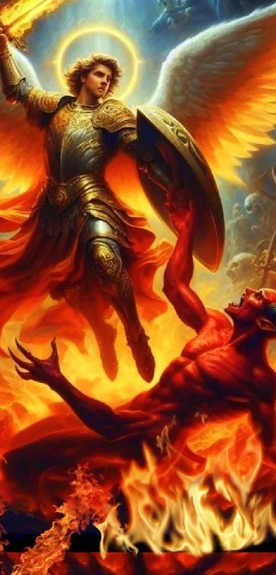 Angel battling demon in fiery artwork.