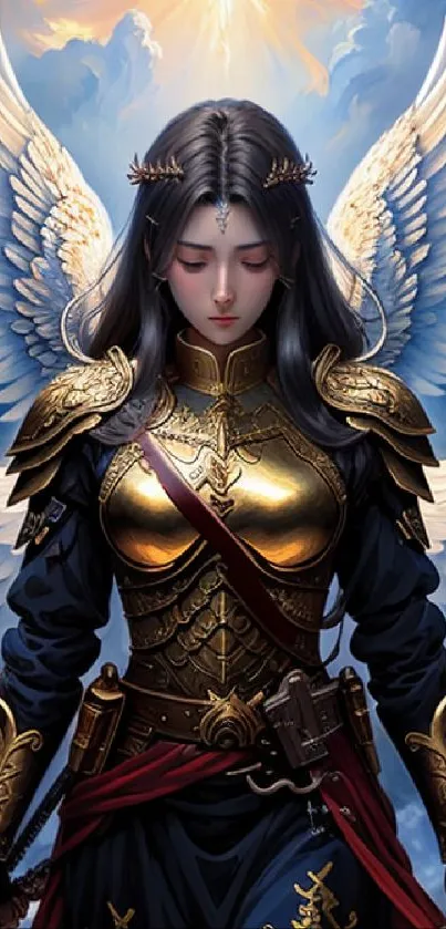 Angelic warrior in golden armor with wings against a vibrant sky.